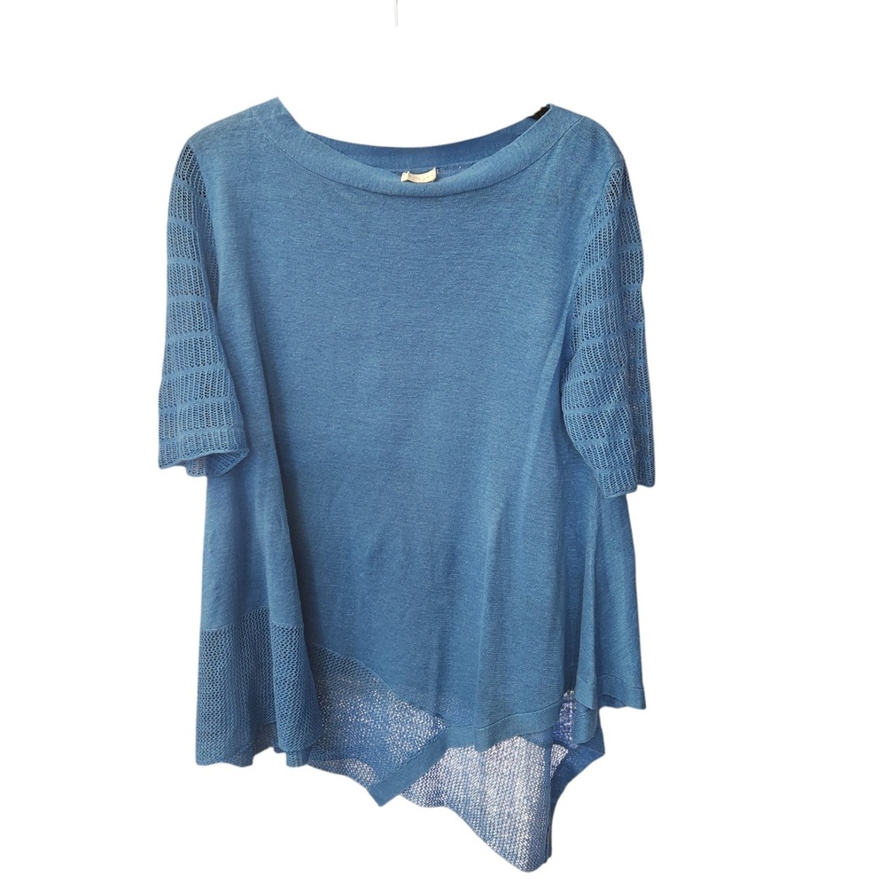 Poetry Women Blue 100% Linen Asymmetrical Pointelle Knit Short Sleeve Top US 10